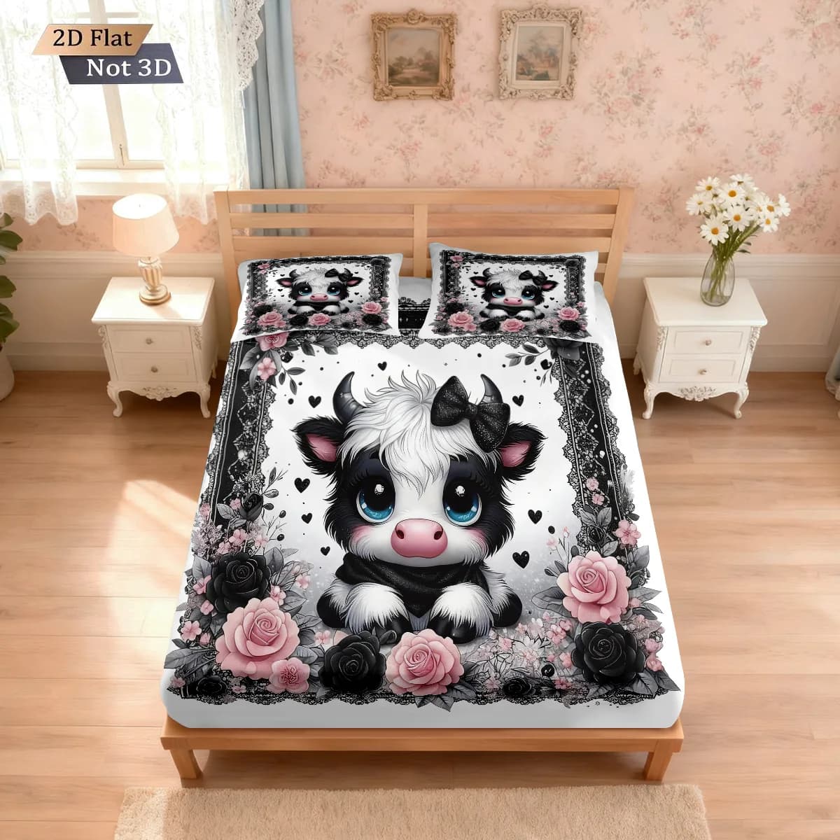 3 San Valentino Highland Cow Print Coreless Set lenzuola Multi Size Copriletto morbido Decorazione biancheria da letto per camera da letto Lavabile in lavatrice
