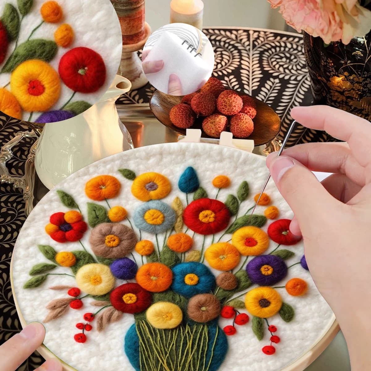 Kit Artigianale SDOYUNO in Feltro di Lana per Principianti, Set Creativo per Pittura e Cucito Fai-da-Te, Fiori in Lana per Lavori a Maglia