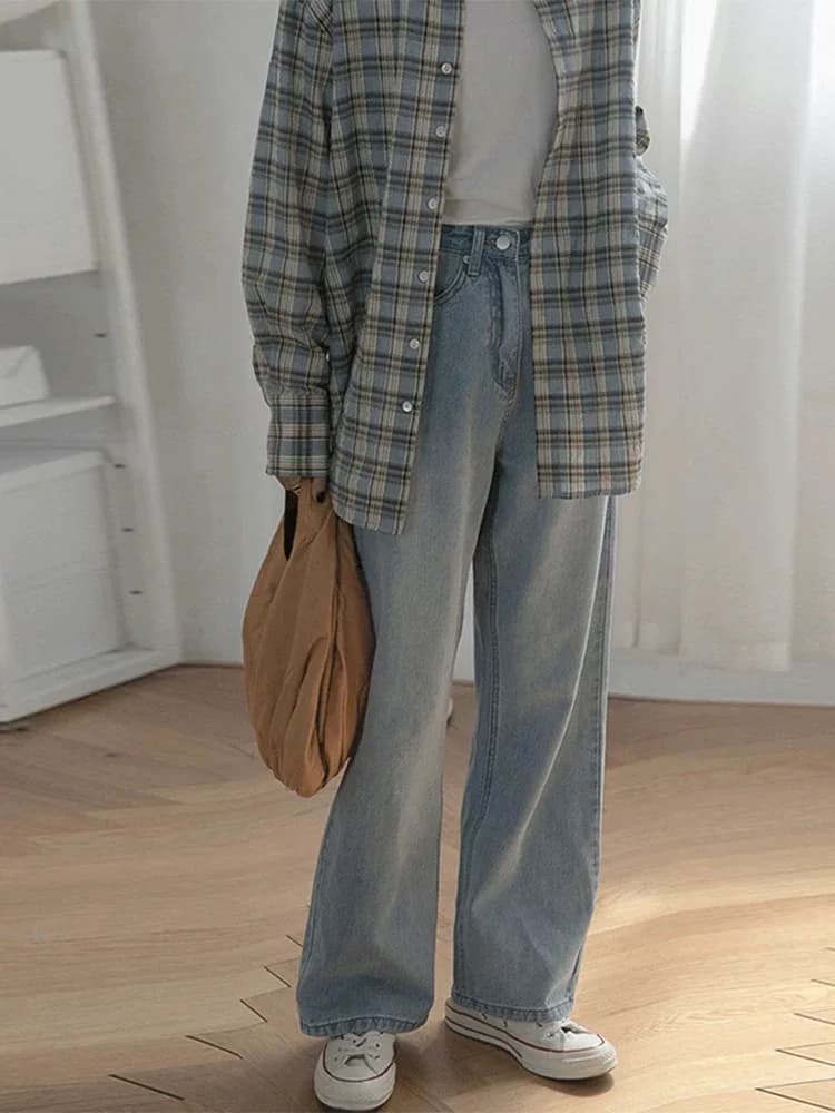 plus Size Straight Leg Jeans Women's Spring Autumn Slimming Wide Leg Pants High Waist Casual Washed Denim Pear Shape Body