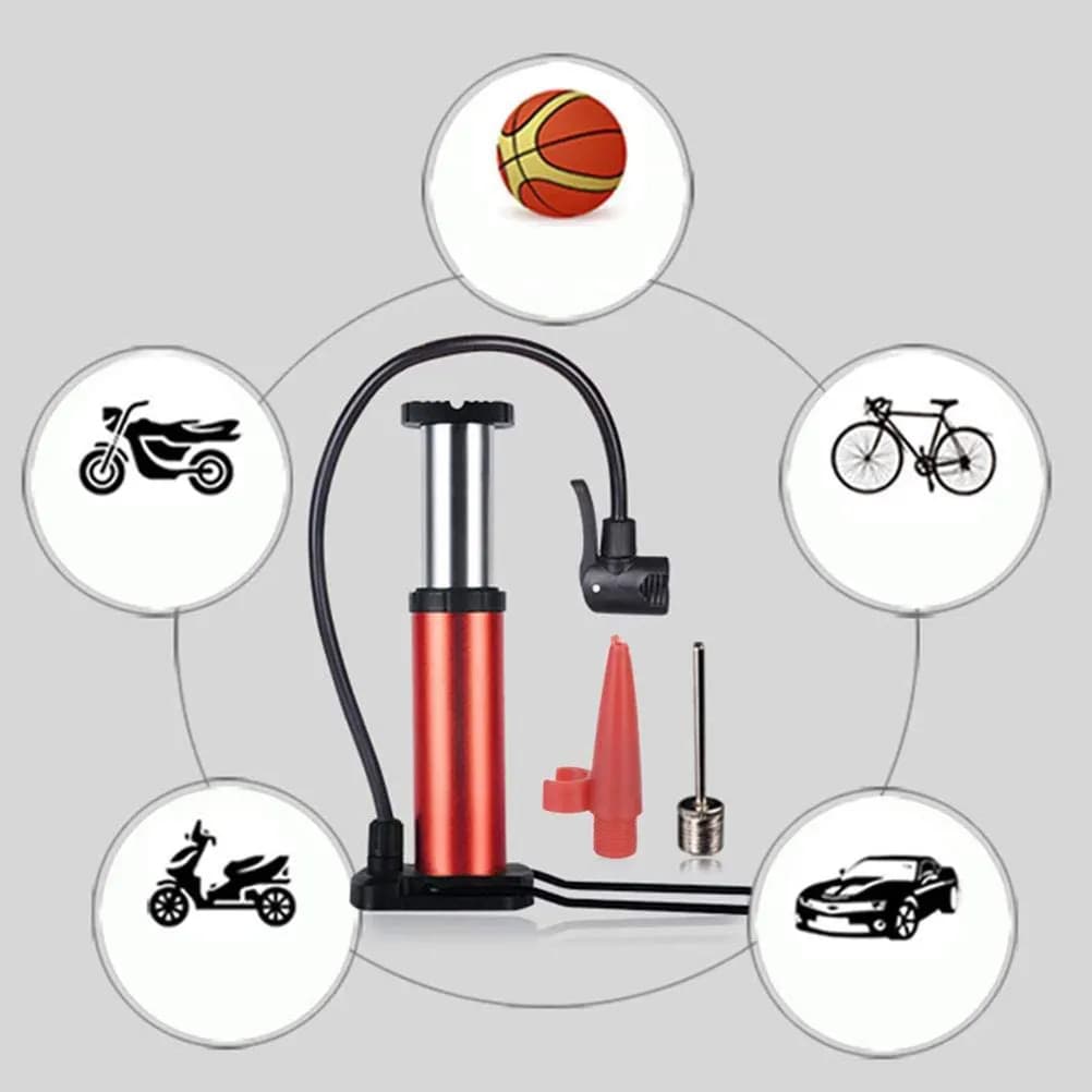 Set Pompa a Pedale Compatta per Bici, Struttura in Metallo Resistente, Multiuso per Pneumatici, Palloni, Moto, Strumento di Gonfiaggio Portatile, Rossa