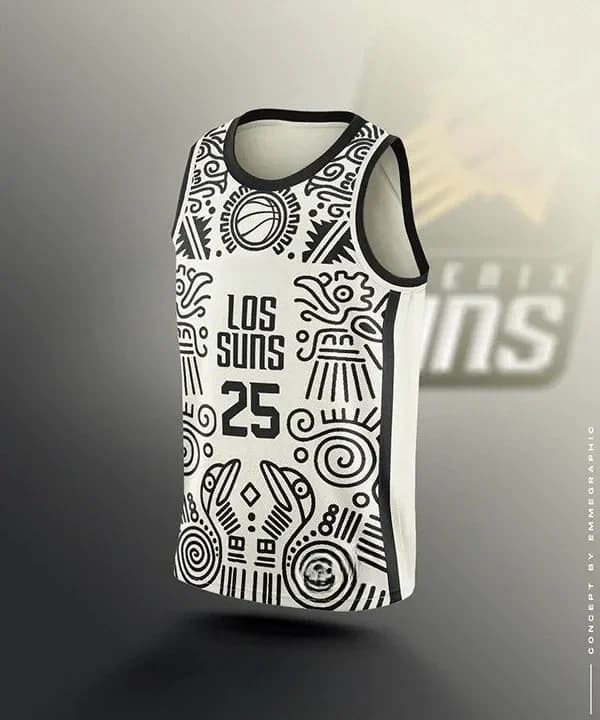 White Full Print BasketballJersey LOS SUNS No.25Black EthnicPattern Sleeveless Mesh Sports Vest Cultural Street Wear Fan Uniform