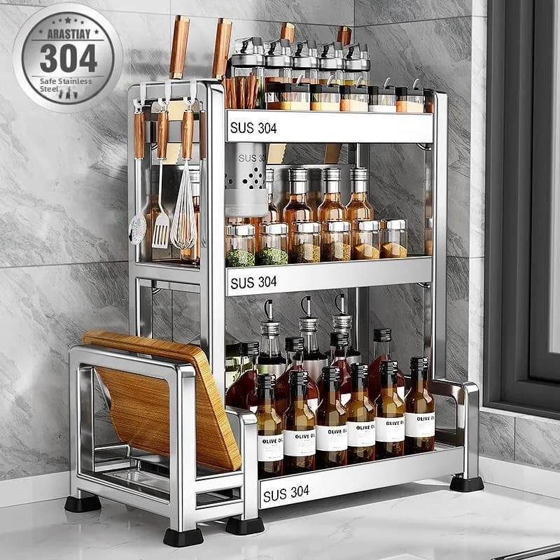 Modern Simplicity 304 Stainless Steel Kitchen Countertop Storage Rack Sauce Bottle Seasoning Holder Multi-Function Knife Rack