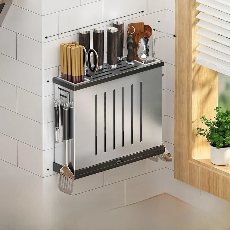 Stainless Steel Wall-Mounted Kitchen Storage Rack Knife Holder Chopsticks Pot Lid Multifunctional Organizer Layer Shelf