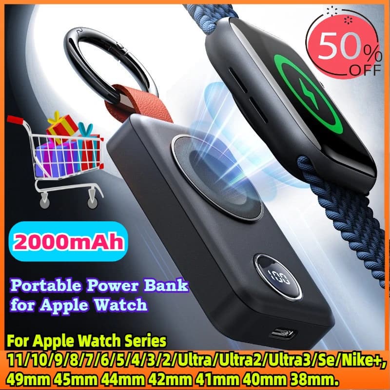Power Bank Portatile da 2000mAh per Apple Watch Serie, Caricabatterie Wireless da Viaggio a Portachiavi, Batteria di Ricambio per iPhone