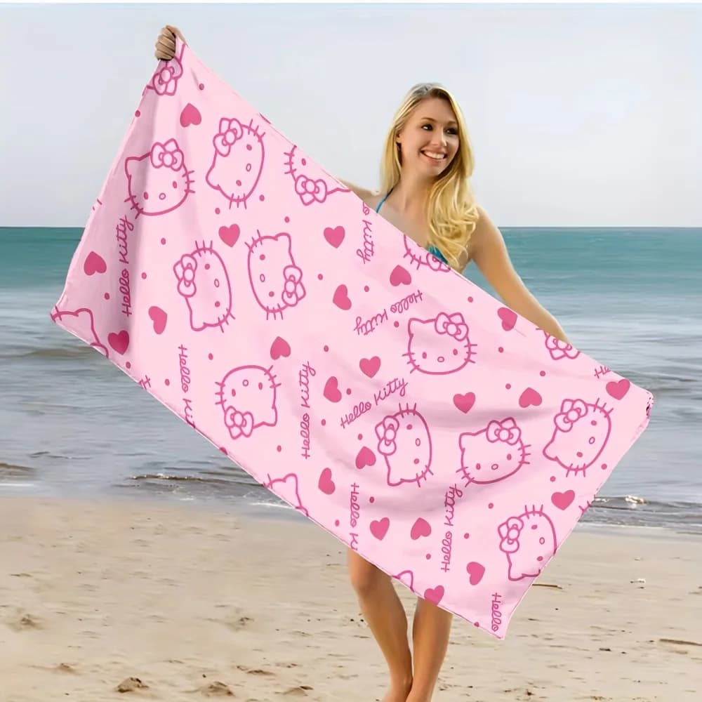 Asciugamano da spiaggia Sanrio Hello Kitty con stampa a cuori - Poliestere, leggero, ad asciugatura rapida, morbido, unisex, per nuoto, viaggi e campeggio