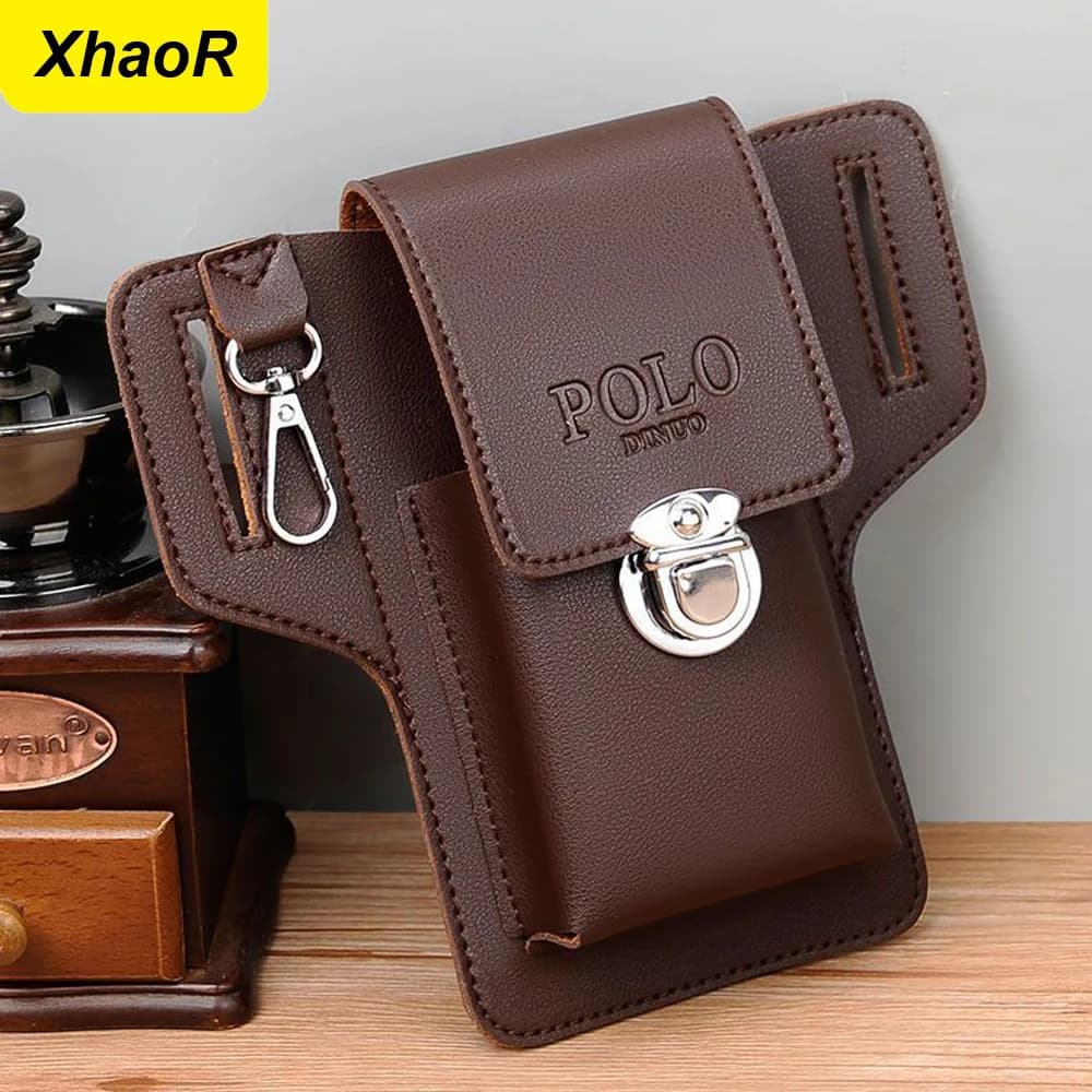 New Men Waist Bag Mobile Phone Bag Outdoor PU Leather Wearable Belt Sports Hanging Keys Wearing Belts Vertical Casual Waist Bag