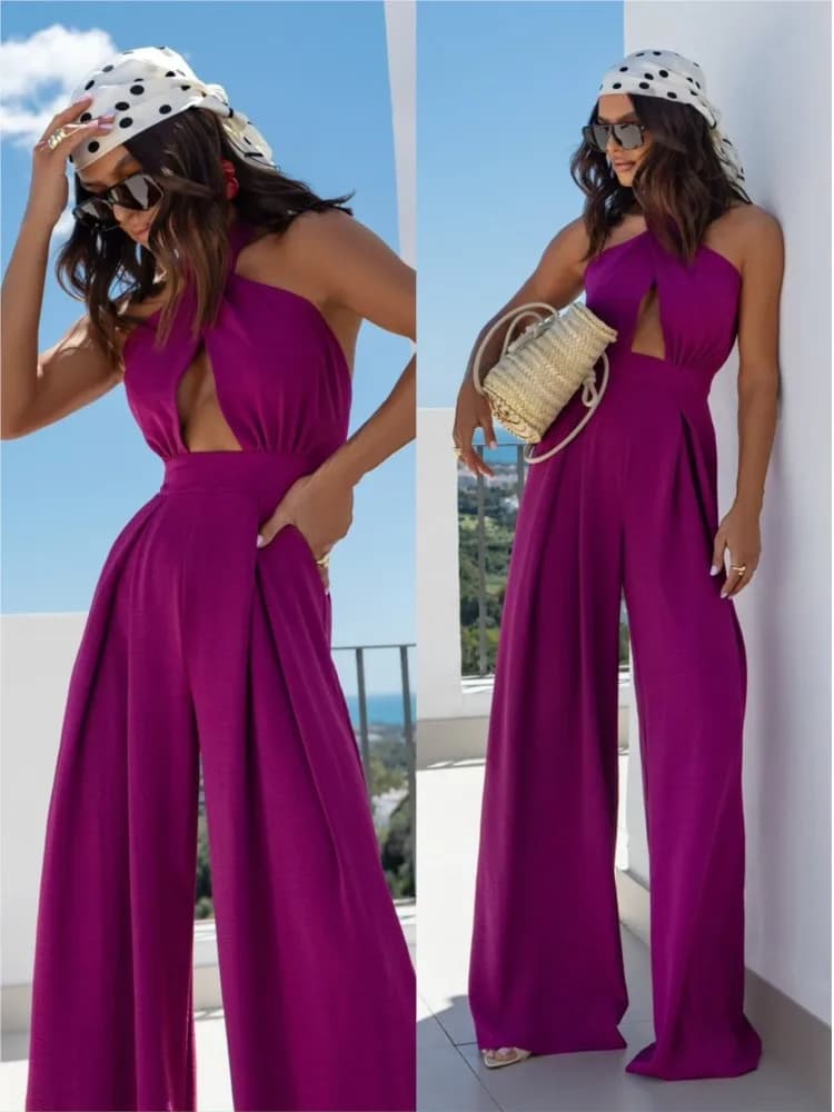 Tuta sexy con fasciatura senza maniche con scollo all'americana senza schienale Moda donna estiva Rosso Nero Scava fuori tute a gamba larga Streetwear