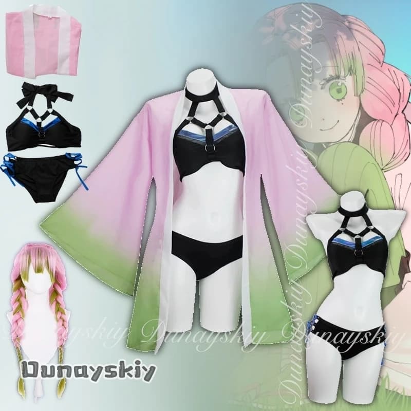 {Hemera}Anime Kanroji Mitsuri Cosplay Swimsuit Costume Two Pcs Swimsuit Female Cardigan Swimsuit Set Halloween Disguise Women
