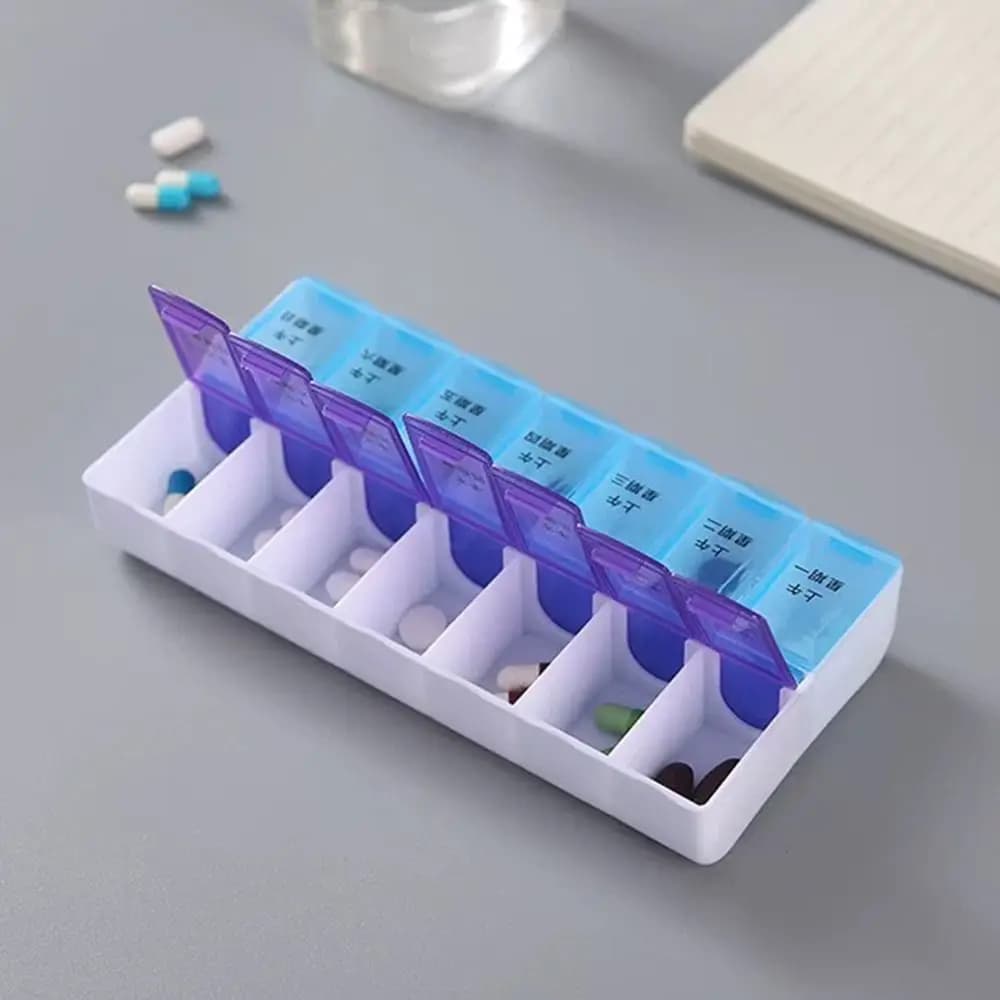 Portable 7-Day Weekly Pill Box 14 Grid Double Row Pill Storage Box Moisture-proof First-Aid Kit Container