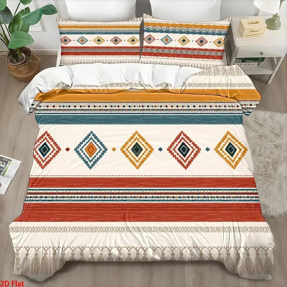 3Pc Ethnic Style Printed Duvet Cover Set, Three-Piece Bedding Set (1*Duvet Cover + 2*Pillowcases), Skin-Friendly Breathable Polyester Woven Bedding, Zippered Double Bed Bedding, Soft and Comfortable All-Season Bedspread, Easy to Clean, Durable, Wrinkle-Resistant, Machine Washable, Cozy Home Bedroom Decor Set, Suitable for Student Dormitory Master Bedroom, Modern Minimalist Light Luxury Style Bedding, Nordic Style Large Bed Cover Set 2D Flat Print