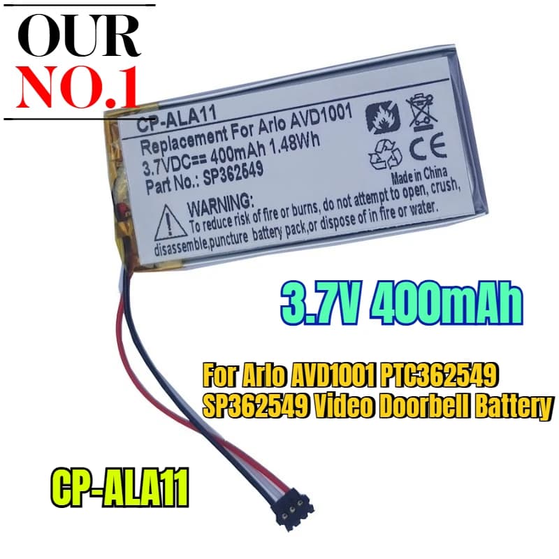 Batteria per videocitofono Arlo AVD1001 PTC362549 SP362549 da 3,7 V 400 mAh