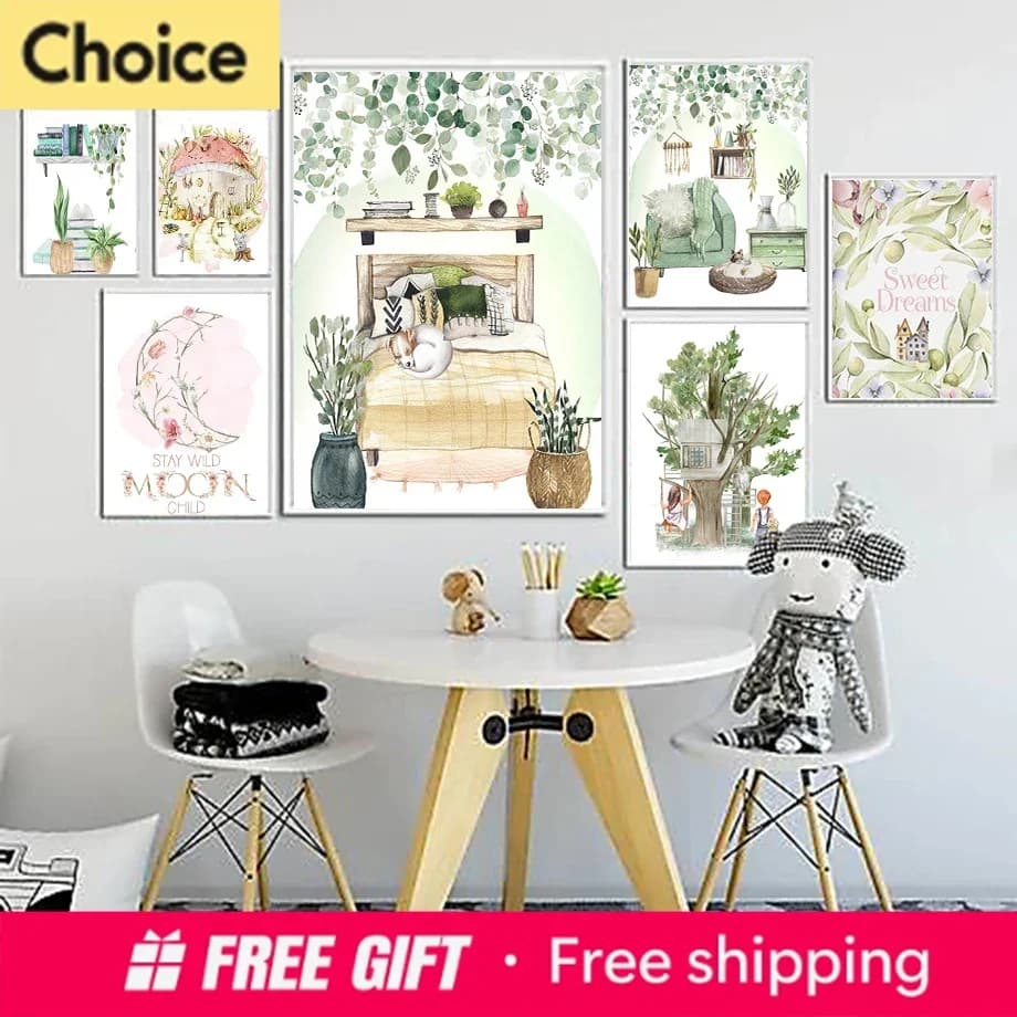 Minimalist Diamond Posters Sweet Dream Tree House Fairy Tale A home For Cats And Dogs Wall Art Home Living Room Decor