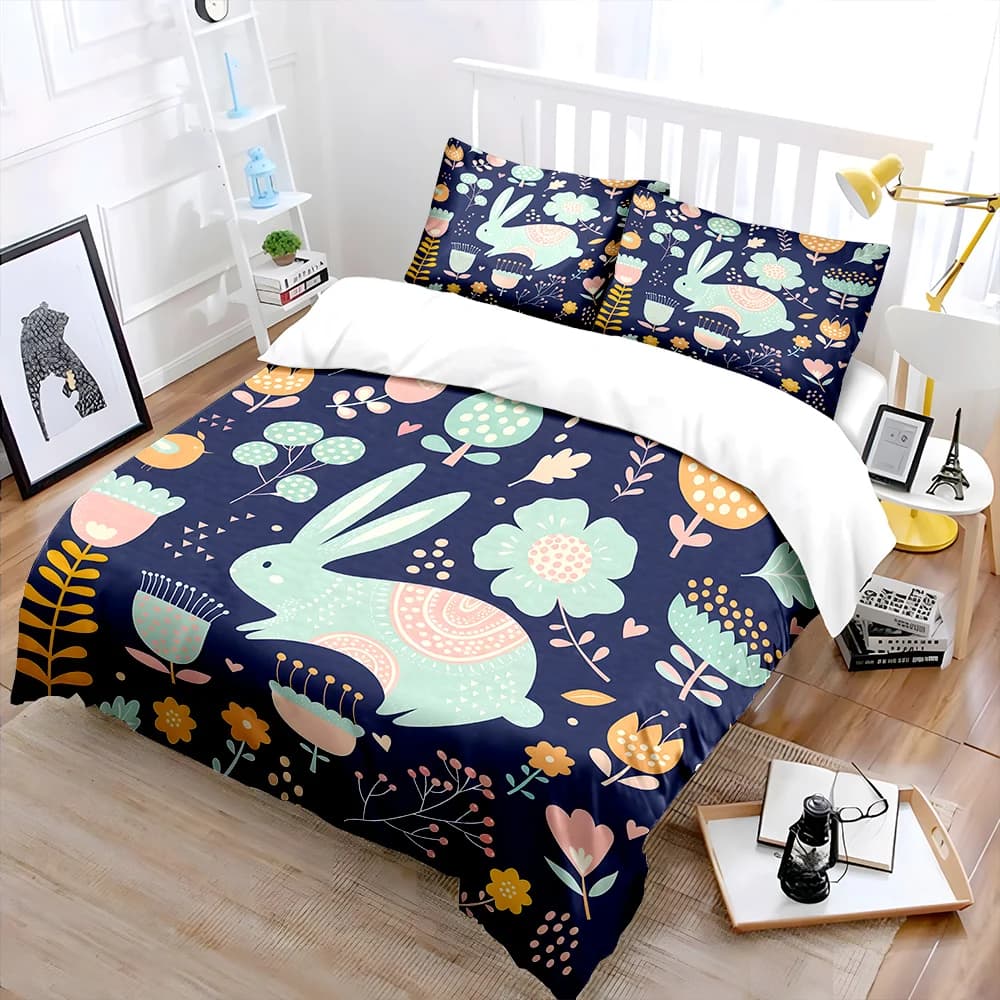 Set di Biancheria da Letto con Motivi Floreali e Coniglietti Disegnati a Mano, 1 Copripiumino e 2 Federe per Adulti e Bambini, Regalo di Lusso, Misura Completa