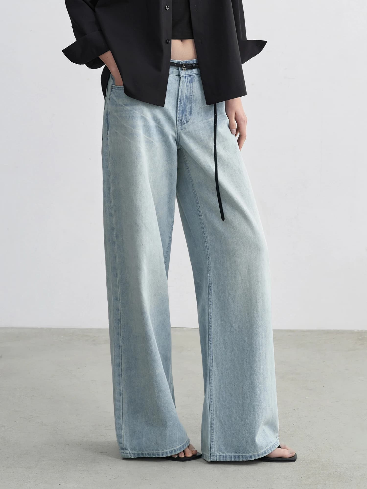 Low Waist Straight Leg Distressed Washed Blue Jeans Wide Leg Pants Versatile Light Blue Coast HaveRice Women's Denim Jeans