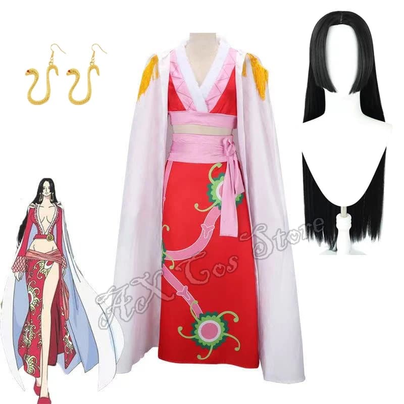 Costume Cosplay Anime Boa Hancock con Parrucca, Mantello, Abito Rosso Sexy, Uniforme, Orecchini Boa Hancock, Costumi di Halloween per Donne