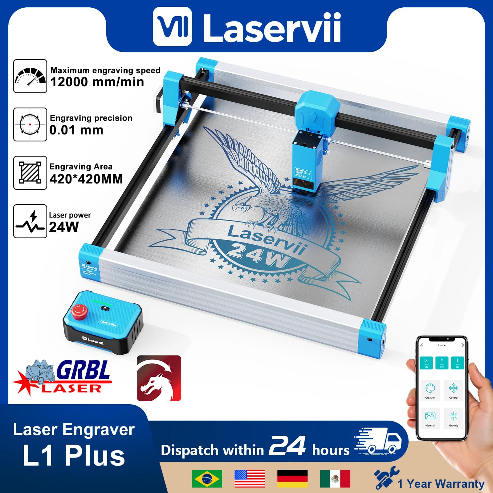 Laservii 24W Laser Engraver L1 Plus 420 * 420MM Engraving Machine 0.01mm Precision GRBL Control Wood Cutting DIY CNC Tool