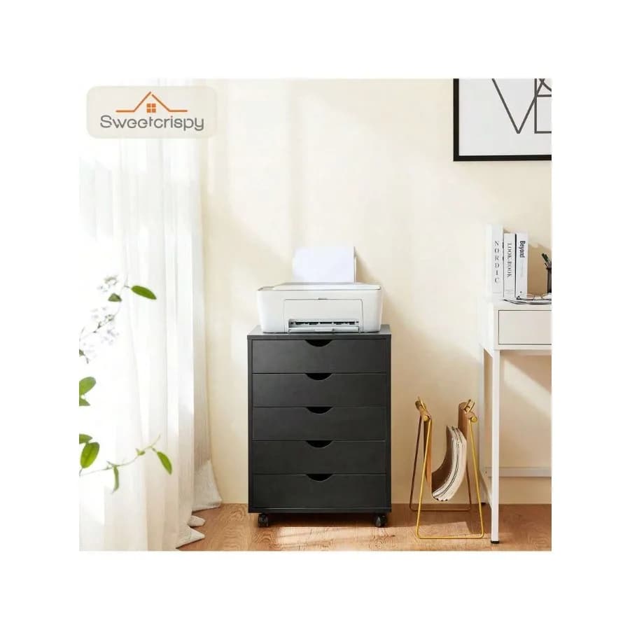 Sweetcrispy 5 Drawer Chest, Wood Storage Dresser File Cabinet Organizer With Wheels Under Desk For Bedroom Home Office
