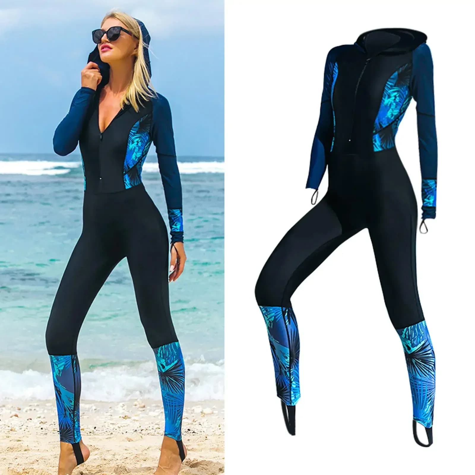 Women's whole mute, surfing, scuba diving, snorkeling, swimsuit, long sleeve, back zip, full body with hood