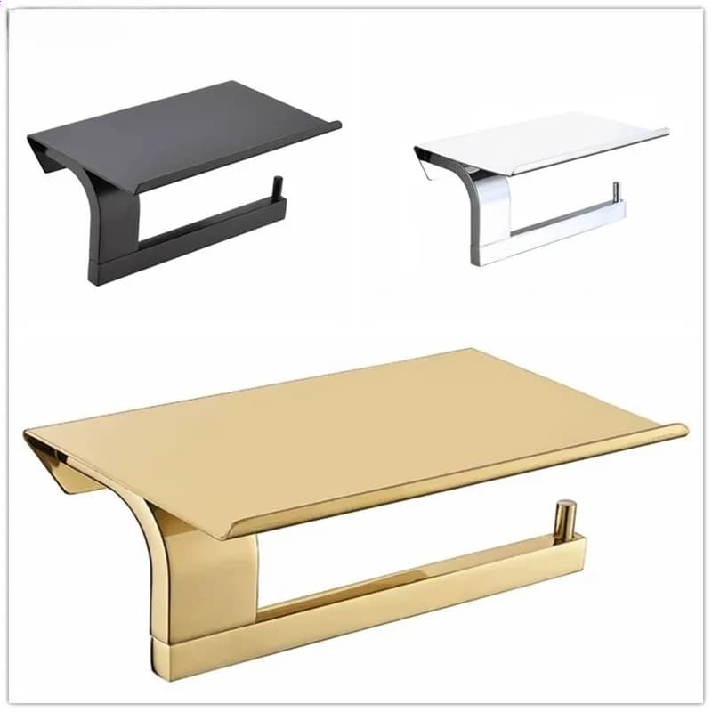 Portarotolo da parete nero in acciaio inox 304 con supporto per telefono, set accessori bagno oro spazzolato