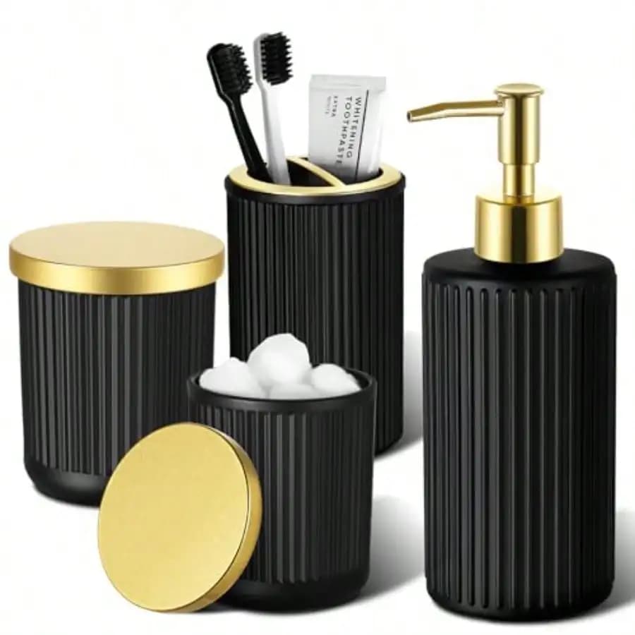 Set di accessori da bagno in vetro trasparente, 4 pezzi, completo di dispenser per sapone a coste e set porta spazzolini da denti con 2 pezzi