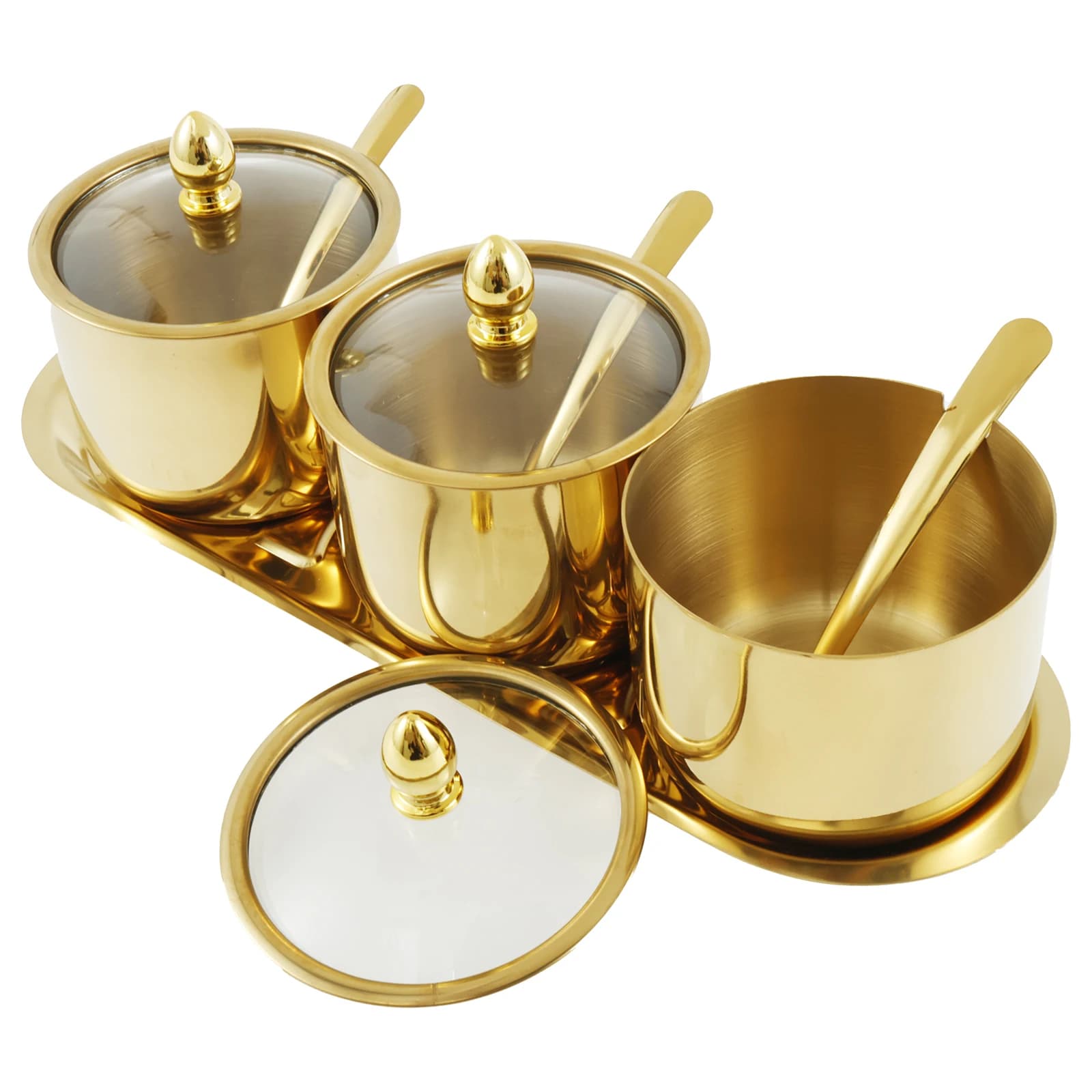 Set di Contenitori per Spezie in Acciaio Inox con Coperchio in Vetro e Cucchiaio, Barattoli per Condimenti, Vasetti per Conservare Zucchero, Sale e Pepe