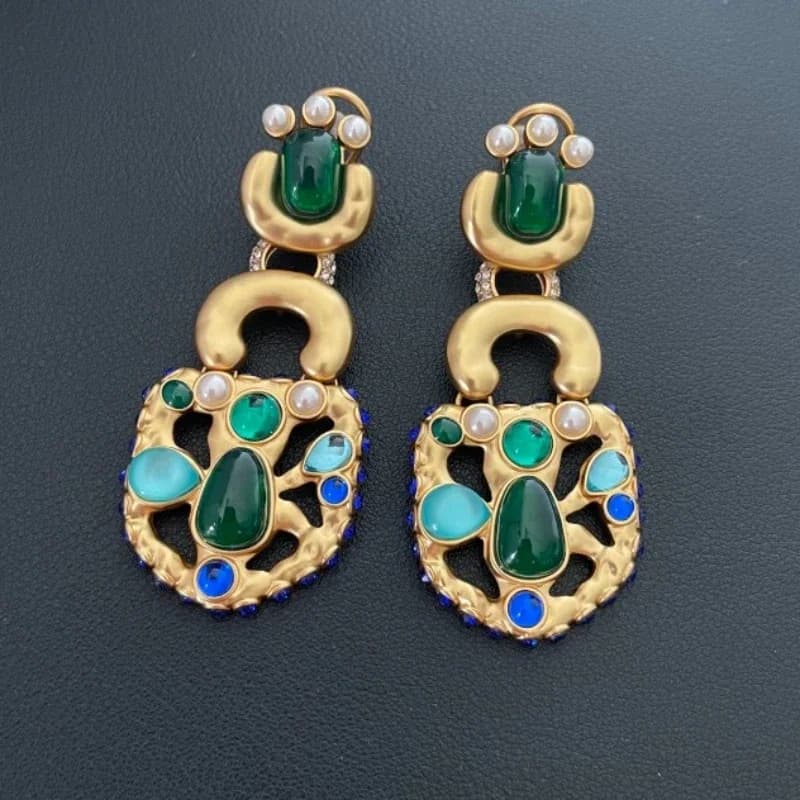 Orecchini Vintage in Oro con Perle e Gemme Smaltate Blu-Verdi, Design Unico Europeo, Gioielli da Sera per Donna