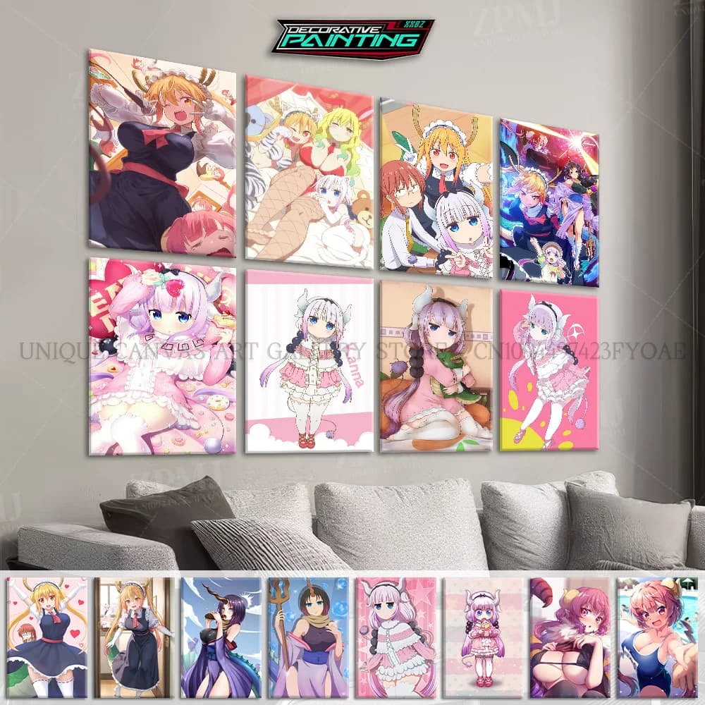 Kawaii Anime Miss Kobayashi Drago Cameriera Figure Wall Art Home Decor Pittura su tela Immagine HD Stampa Cartoon Poster per la stanza