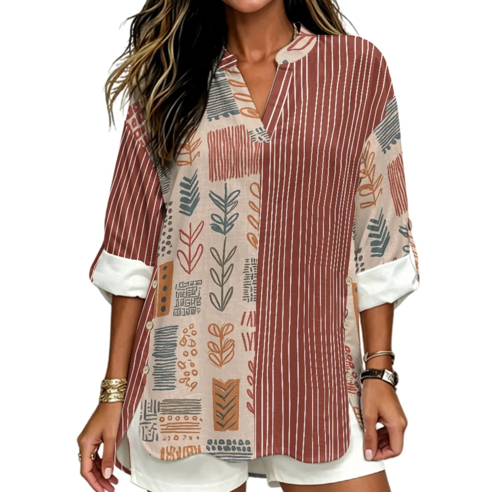 INSTANTARTS Women'S Linen V-Neck Shirt Breathable Long-Sleeved Top Blouse Roll-Up Cuff Lightweight Comfortable Soft Rtero Flower