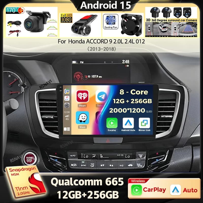 Android 15 Carplay Autoradio Per Honda ACCORD 9 2.0L 2.4L 012 2013-2015 2016-2018 2Din Lettore Multimediale di Navigazione GPS Stereo