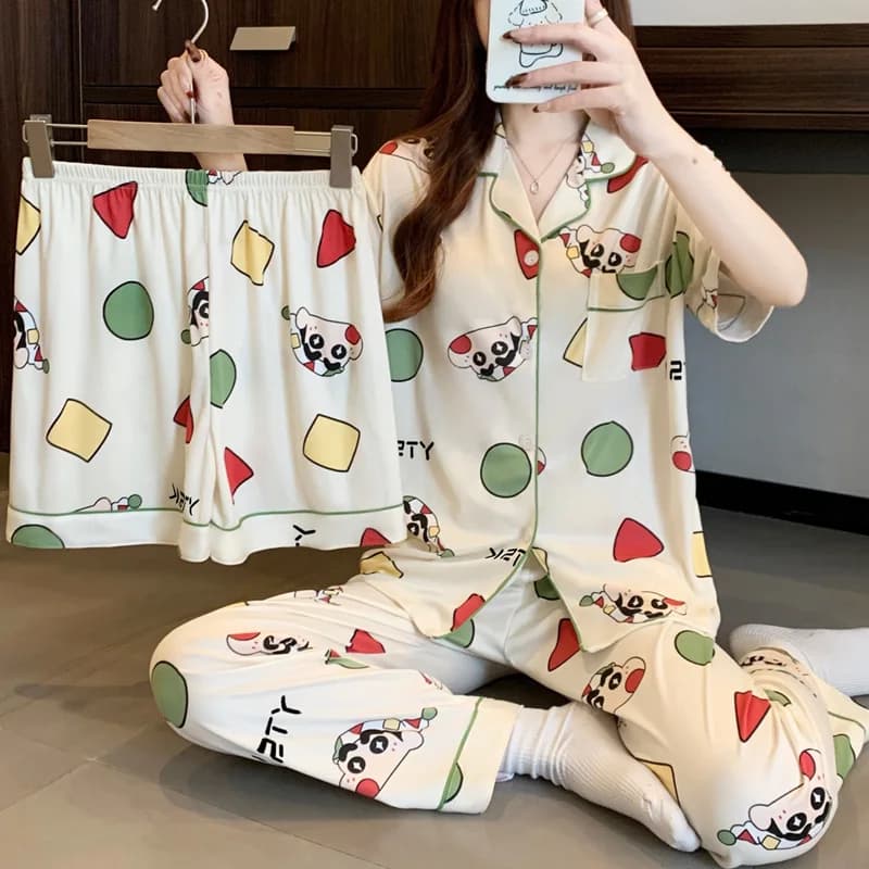 3pcs Crayon Shin-Chan Print Pajamas Women Set Shorts Sleeve Pyjamas Thin Loose Spring Summer Cute Cartoon Loungewear Home Wear