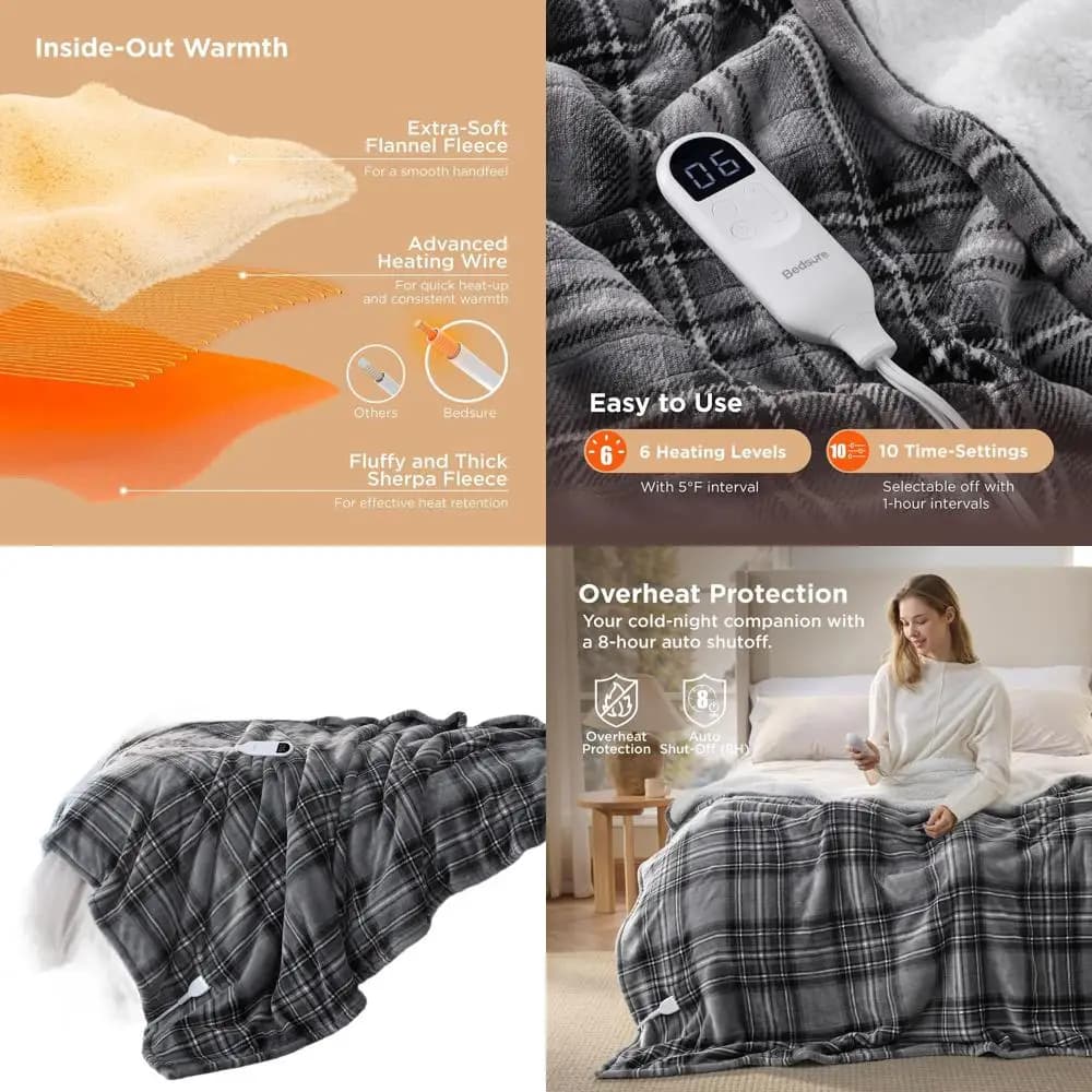 Coperta elettrica scozzese Sherpa in flanella doppia con 6 livelli di calore, 10 timer, spegnimento automatico 8 ore, ideale per nonna (grigio, 62x84)