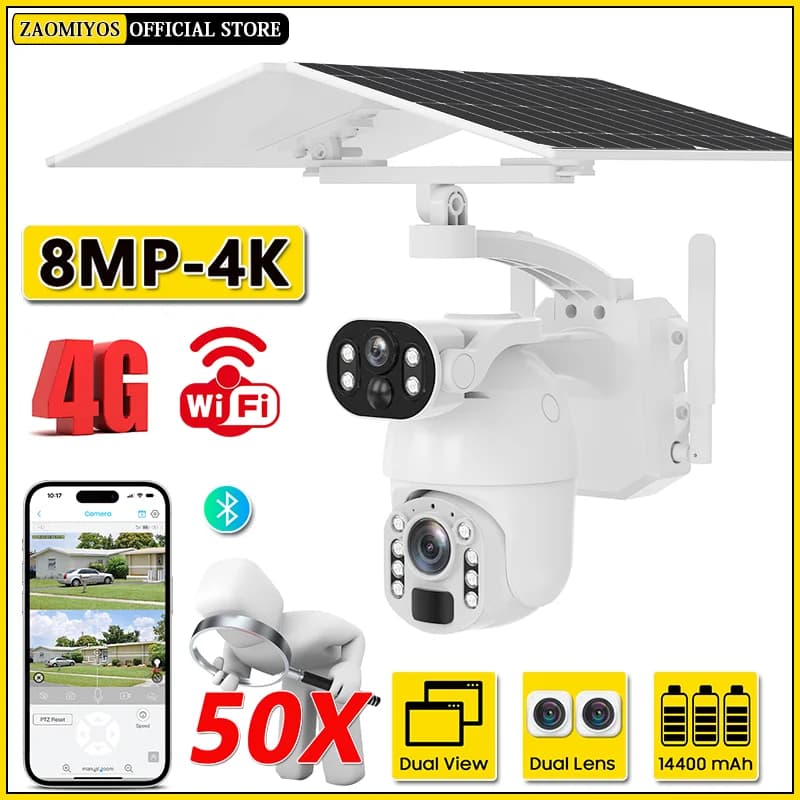 Telecamera esterna solare 4K 4G Sim 8MP Doppia lente Zoom 50X Sorveglianza WIFI CCTV PTZ Sicurezza Visione notturna Monitoraggio umanoide Telecamera IP