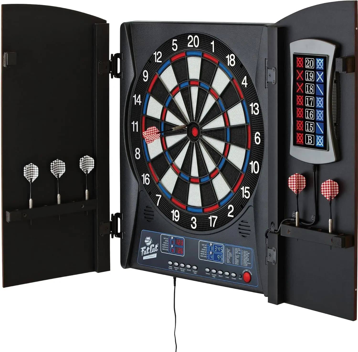 Tavolo da gioco elettronico con freccette a punta morbida e mobiletto, bersaglio da 13,5 pollici, 28 giochi, include 6 freccette