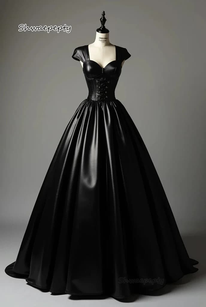 Abito da ballo classico nero lucido con corsetto a cuore, abito da sera lungo fino al pavimento, abiti femminili personalizzati per occasioni speciali