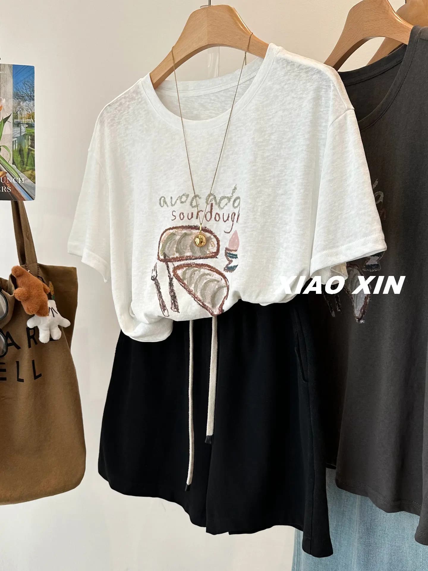 Creative Bread Print Snowflake Cotton T-Shirt Women's Casual round Neck Short Sleeve Thin Summer Top Korean Style Loose Fit