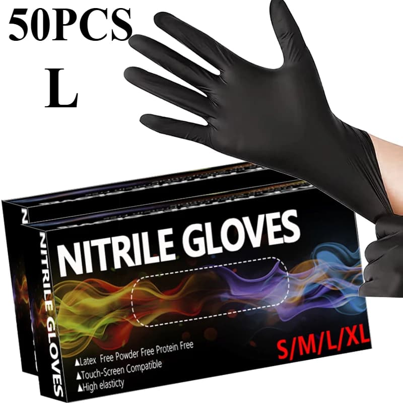 Guanti monouso in nitrile nero da 50 pezzi Guanti per pulizia durevoli impermeabili Lavori domestici Cucina Cura degli animali Nail Art Parrucchiere