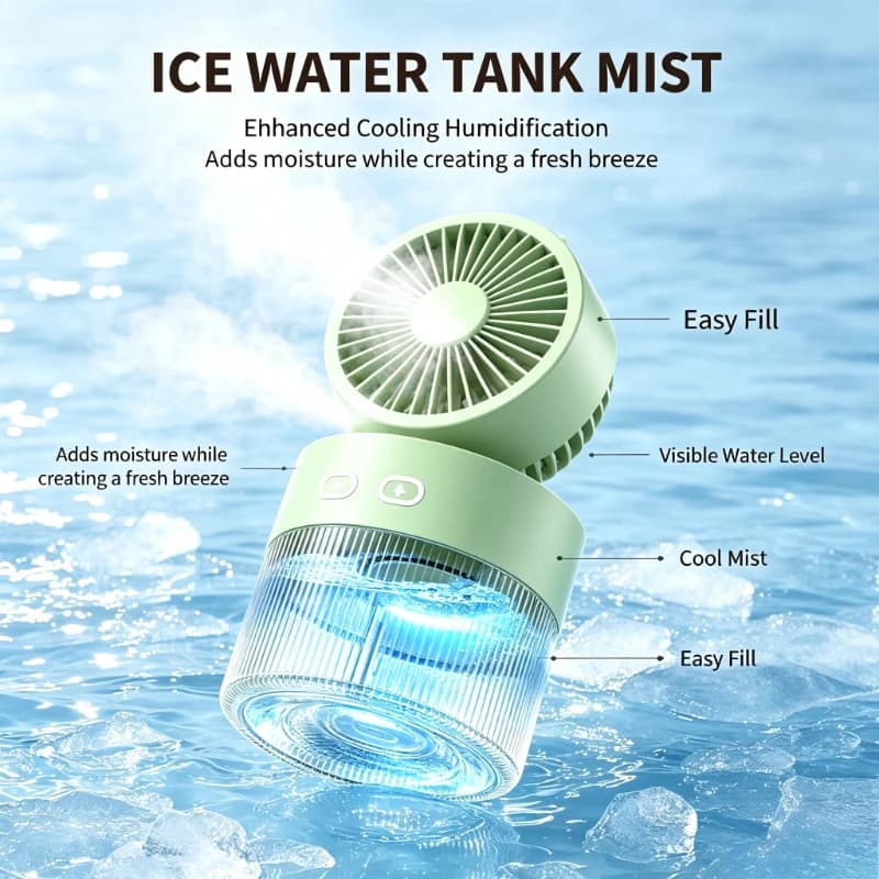 Mini Foldable Evaporative Cooler Fan USB Powered Mist Spray Humidifier with Ice Water Tank for Home Office Desktop
