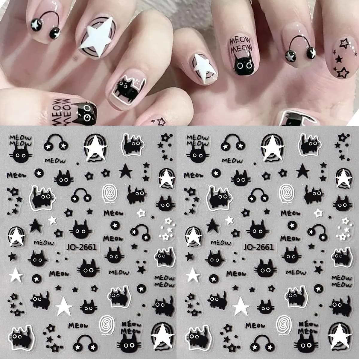 Cute Cartoon Black Cat Nail Sticker Cute Graffiti Cat Dog Star Headphone Pattern Nail Sliders Kawaii Dark Y2K Style Nail Decor