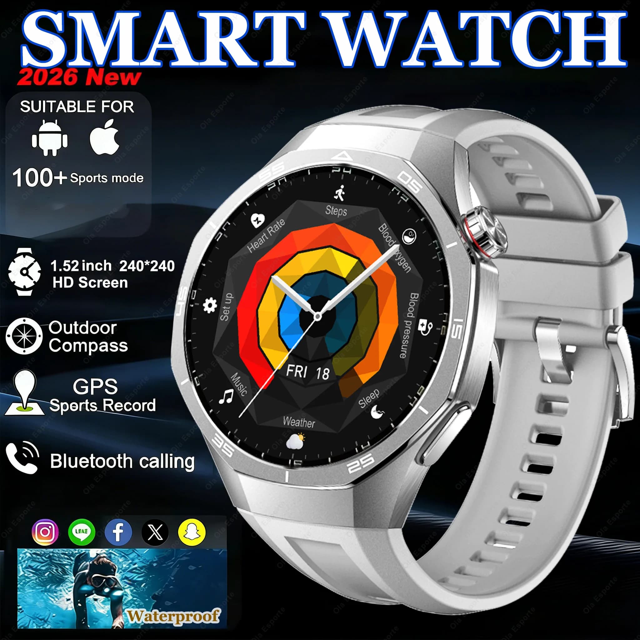 Smartwatch with Bluetooth Call 2026 New Outdoor Sport Watch with GPS, Waterproof, Cardiaca and Oxygen Frequency Monitoring in Blood