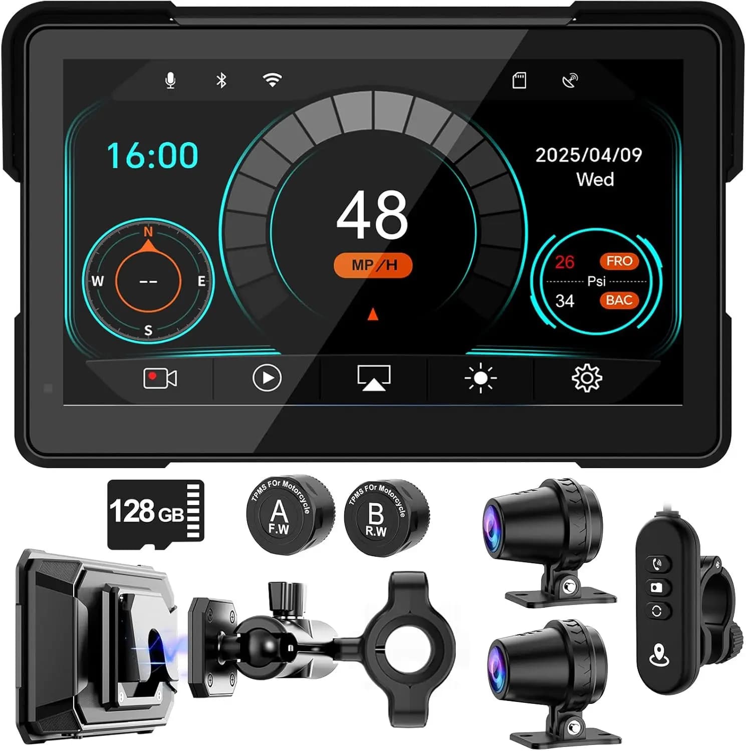 Schermo GPS Wireless da 7 Pollici per Moto con CarPlay e Android Auto, Doppia Dash Cam 2K, Display HD Impermeabile, TPMS, Telecomando