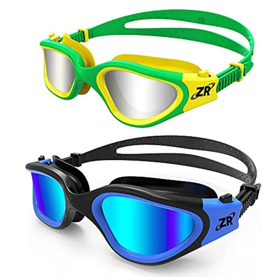 and adult polarized swim goggles for outdoor water sports, polycarbonate lens, black frame, UV protection and anti-fog coating