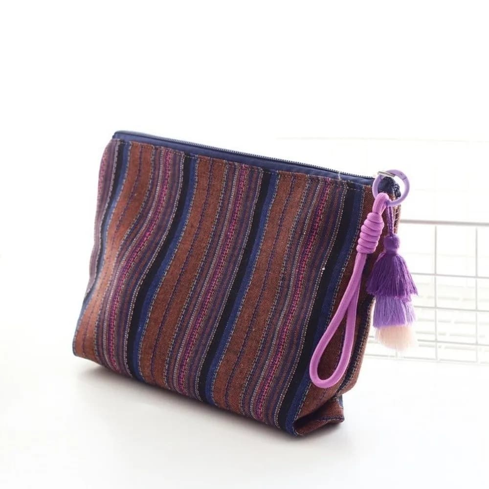 Colorful Ethnic-Style Makeup Pouch Fringe Pendant Striped Travel Storage Bag Large Capacity With Zipper Toiletry Clutch Bag