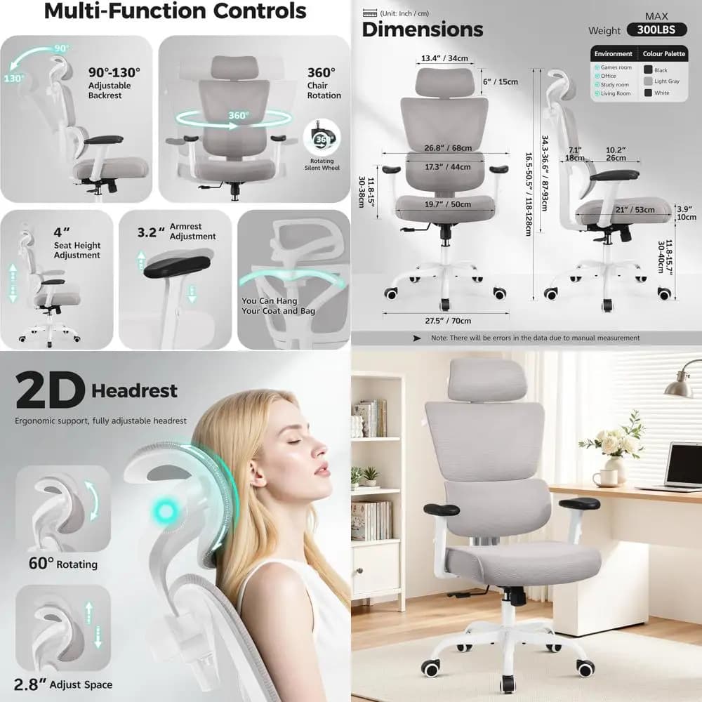 Sedia da scrivania ergonomica con schienale alto e supporto lombare, materiale in rete, braccioli regolabili, sedia girevole da gaming/ufficio per persone di statura elevata e corpulenza
