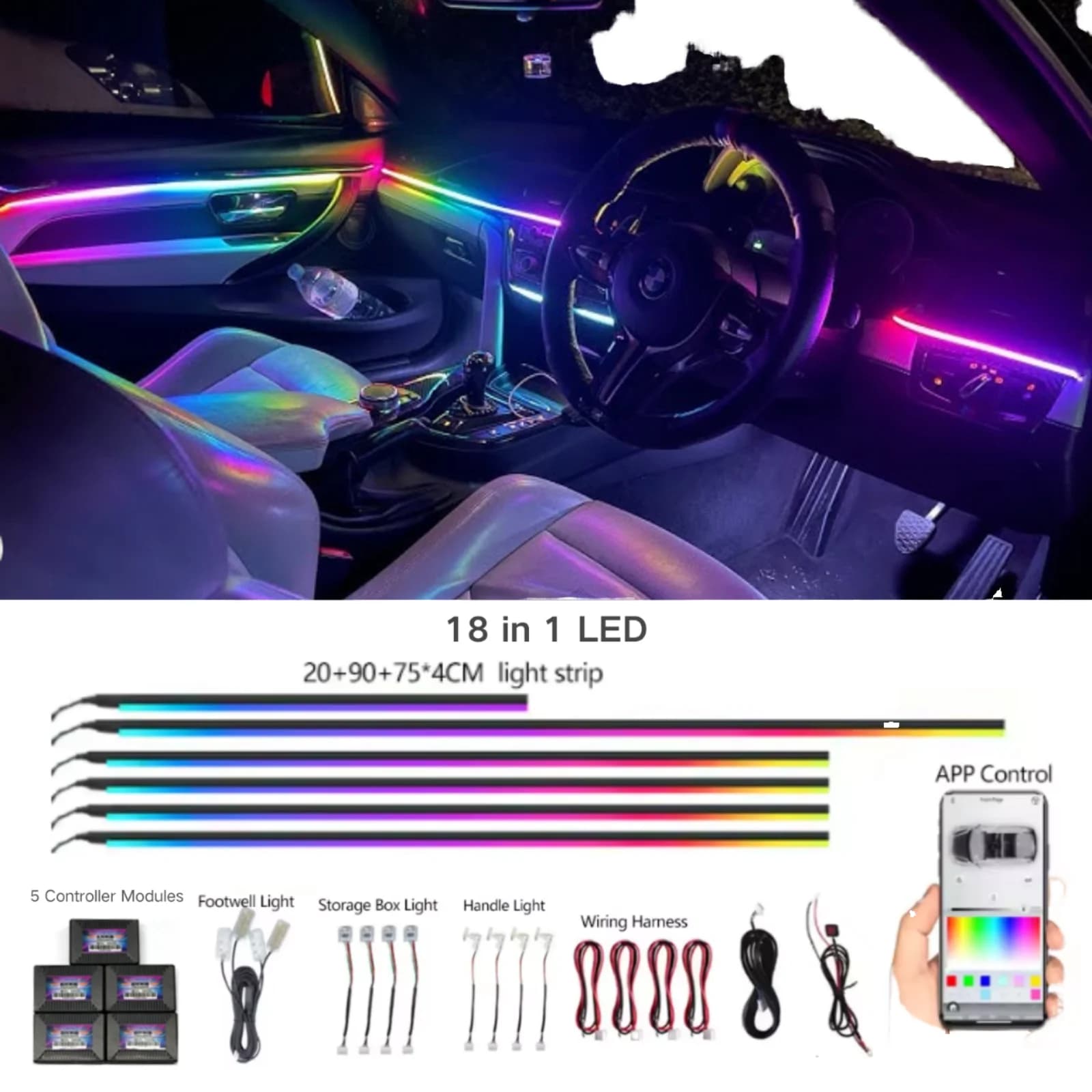 Factory Direct Ambient Led Light 18 in 1 Car Interior Light Remote Control Fiber Auto Foot Center Console Door Decorative Lights