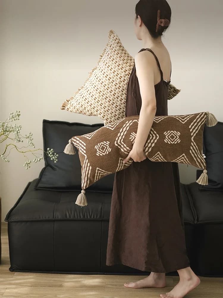 Cuscino in Lino Stile Wabi Sabi per Divano e Soggiorno, Produzione Marocchina per Homestay