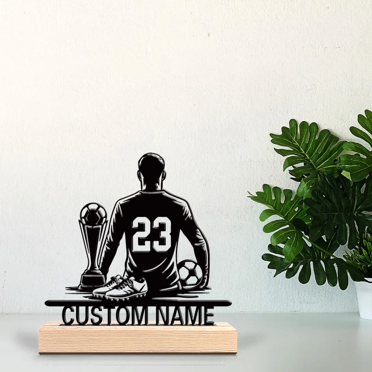 1 statuetta in metallo personalizzata a forma di pallone da calcio con base in legno, decorazione per bar, cucina, sala da pranzo, temi rustici moderni.