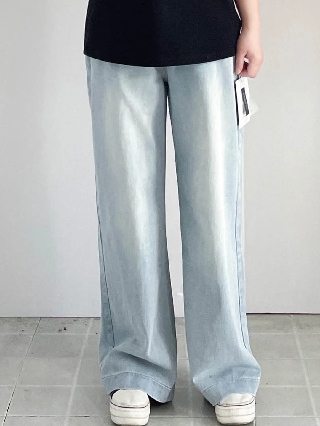 Jeans da donna taglie forti a gamba dritta, drappeggiati, a vita alta, in denim di cotone, stile casual per donne alte, primavera estate