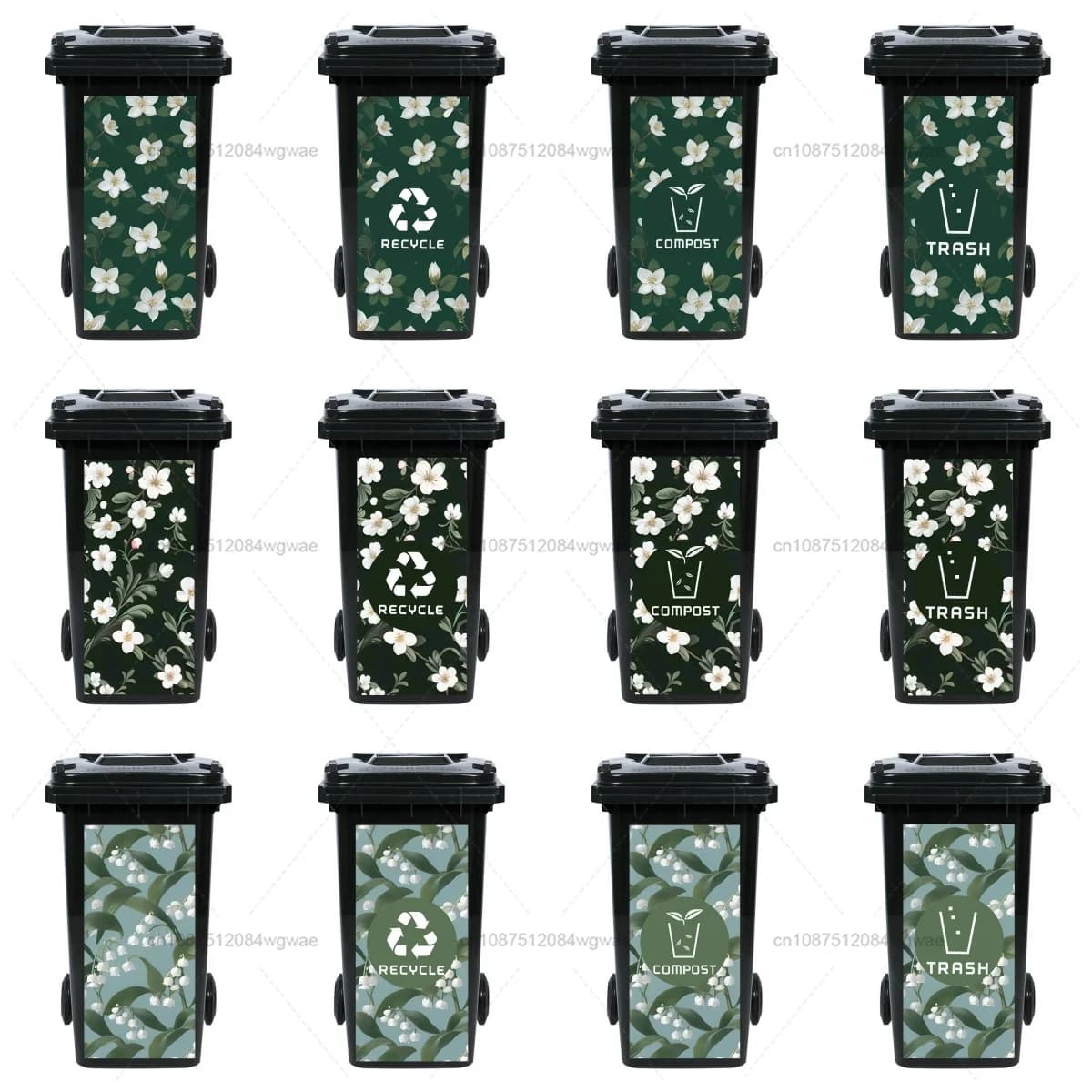 Adesivi per bidoni della spazzatura in PVC riciclato, motivi eleganti, dipinti murali, adesivi impermeabili in PVC, adesivi per la casa, adesivi per bidoni della spazzatura con ruote