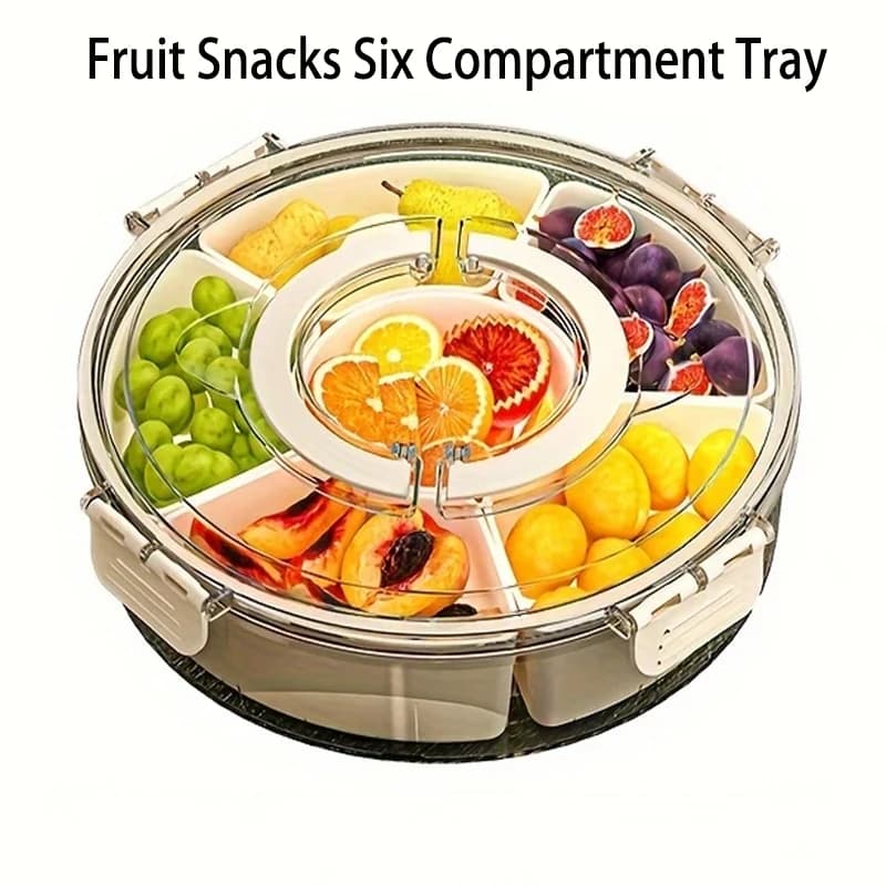 Vassoio Girevole per Snack con Coperchio, Confezione Famiglia per Campeggio e Picnic, Sei Scomparti per Frutta, Noci, Caramelle e Snack