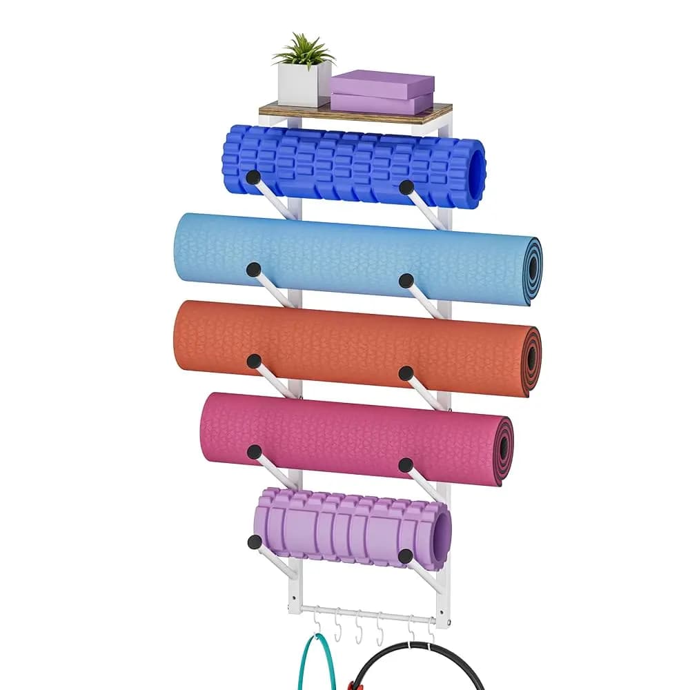 Supporto da parete a 5 livelli per tappetini yoga con 6 ganci per appendere accessori, cinghie yoga, rulli in schiuma, bande di resistenza, tappetini yoga